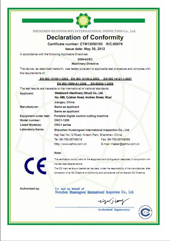 China METALWORK MACHINERY (WUXI) CO.LTD Certification