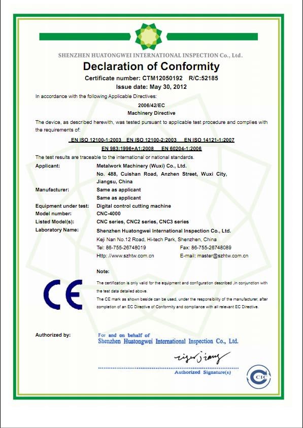 China METALWORK MACHINERY (WUXI) CO.LTD Certification